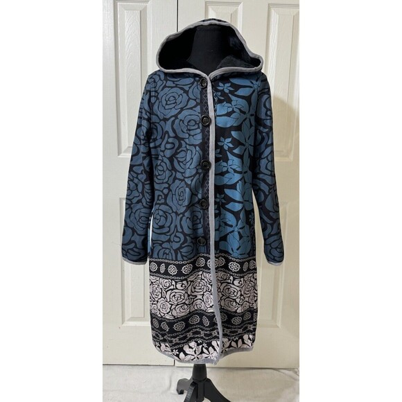 VTG Lily By Firmiana Floral Fleece Lined Velvet Trim Pockets Retro Coat -L - Picture 1 of 9